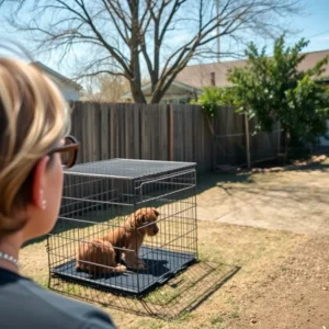 A sad scene depicting a neglected dog crate under intense heat