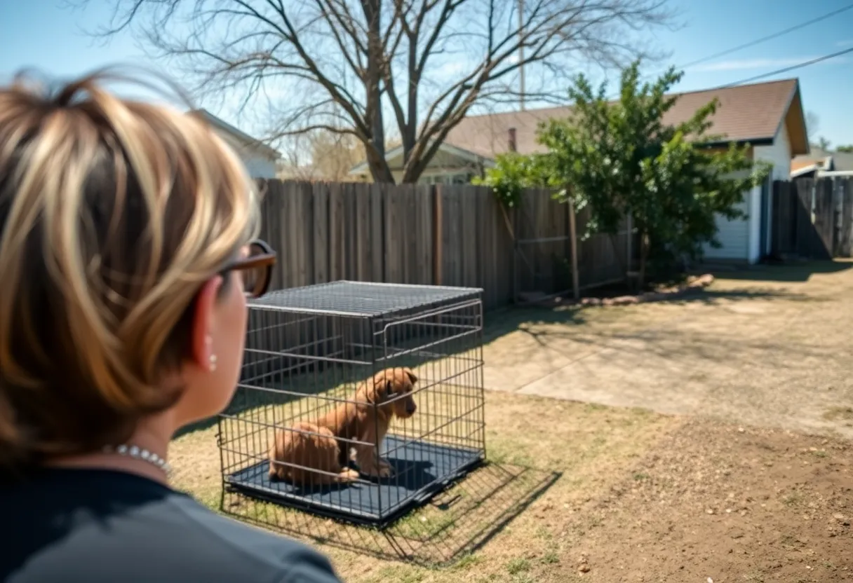 A sad scene depicting a neglected dog crate under intense heat