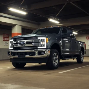 Ford F-250 Super Duty truck near a low clearance beam