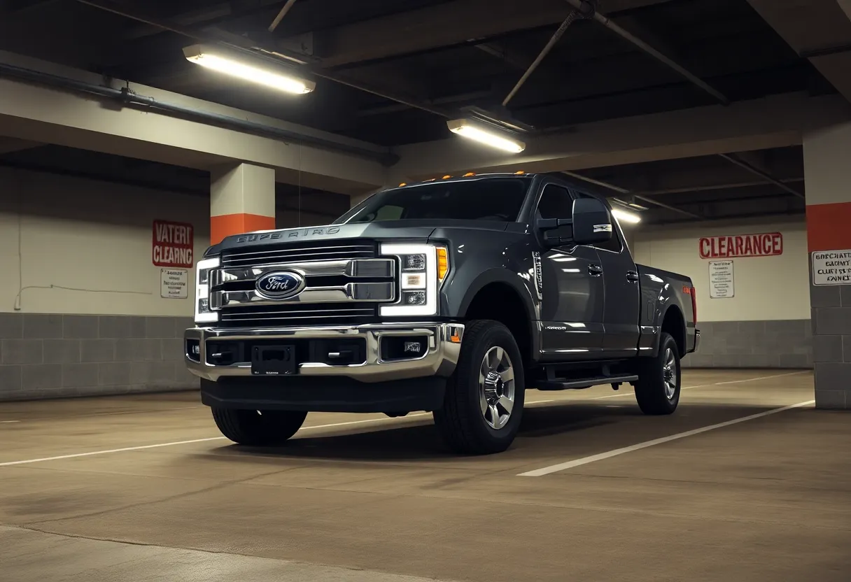 Ford F-250 Super Duty truck near a low clearance beam
