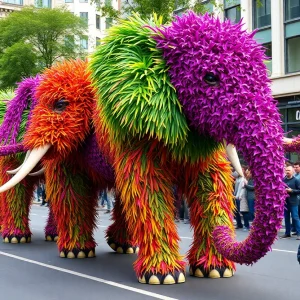 Life-sized elephant sculptures in a vibrant parade on the Las Vegas Strip