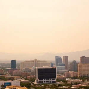 Las Vegas skyline with hazy skies caused by wildfire smoke