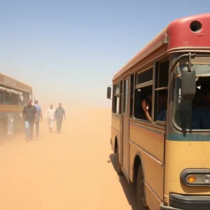 Bus filled with passengers in a desert environment, emphasizing heat stress dangers.