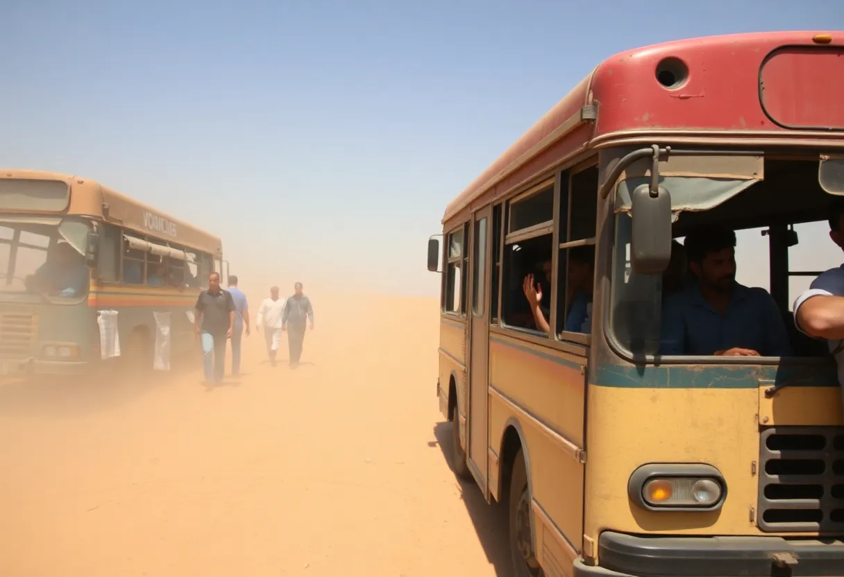 Bus filled with passengers in a desert environment, emphasizing heat stress dangers.