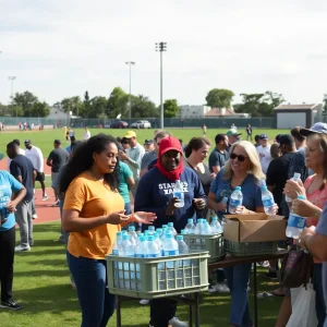 Community members donating water at a baseball park during the HELP2O campaign.