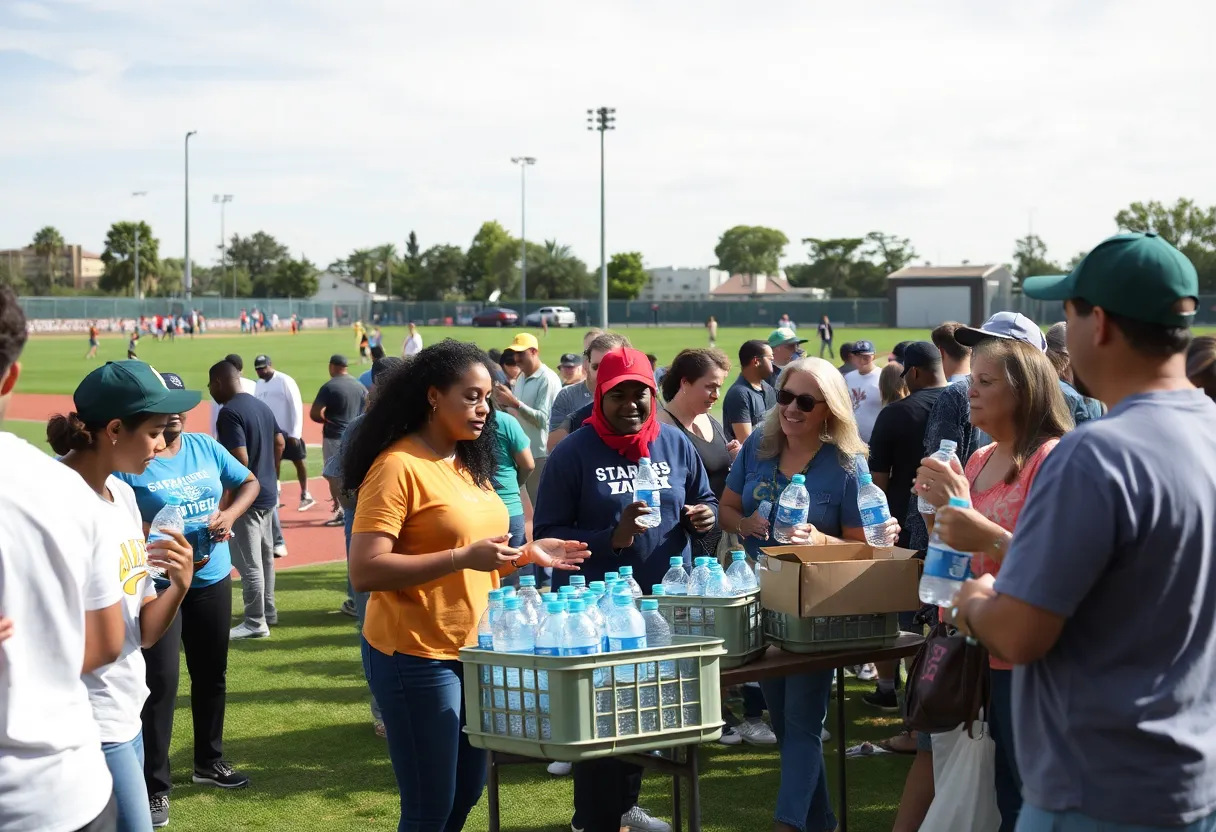 Community members donating water at a baseball park during the HELP2O campaign.