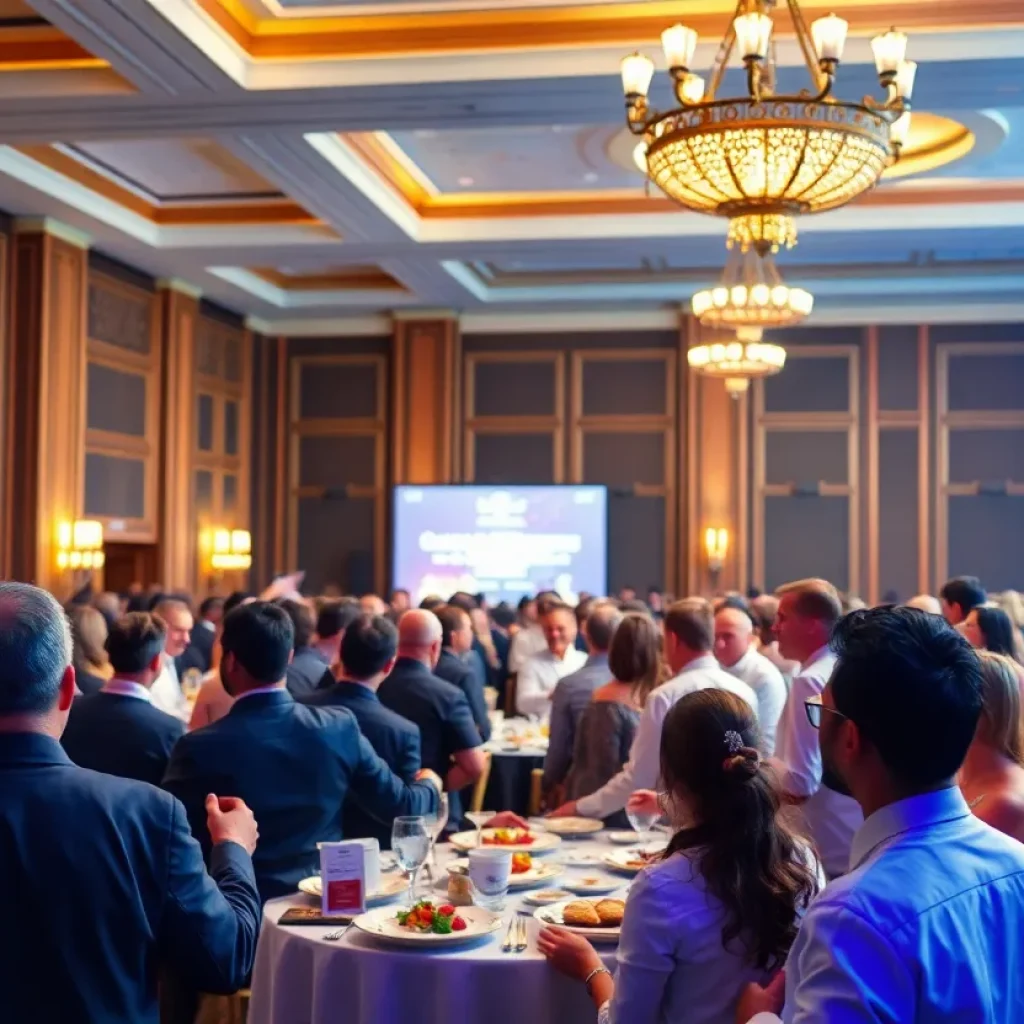 A lively scene from the James Beard Awards ceremony in Chicago, featuring diverse attendees and culinary themes.