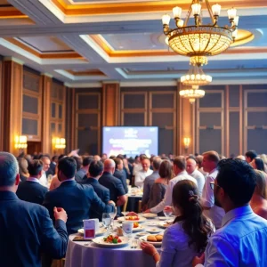 A lively scene from the James Beard Awards ceremony in Chicago, featuring diverse attendees and culinary themes.