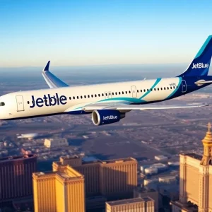 JetBlue aircraft in flight with Las Vegas skyline in the background
