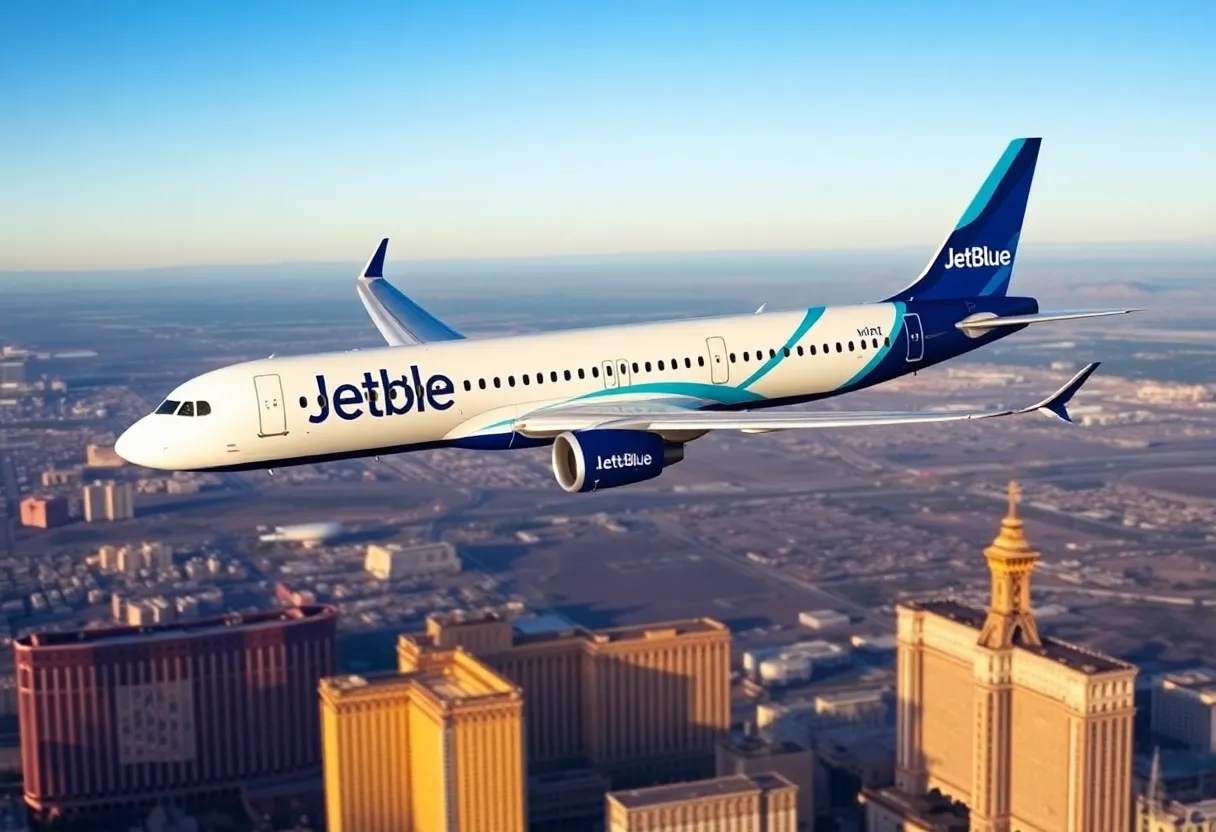 JetBlue aircraft in flight with Las Vegas skyline in the background