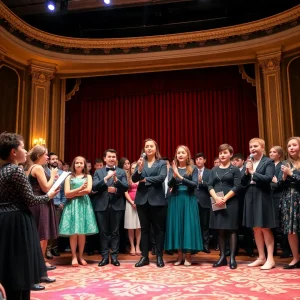 Young performers celebrating at the Jimmy Awards ceremony