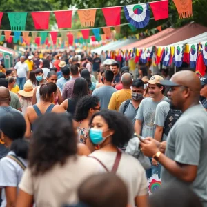 Diverse attendees enjoying the Juneteenth Festival with food stalls and activities