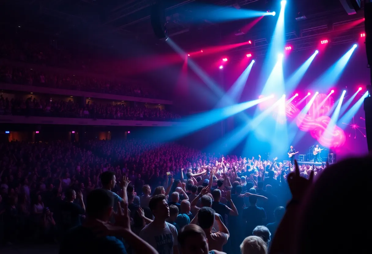 Concert at the Sphere featuring dynamic lighting and an excited audience