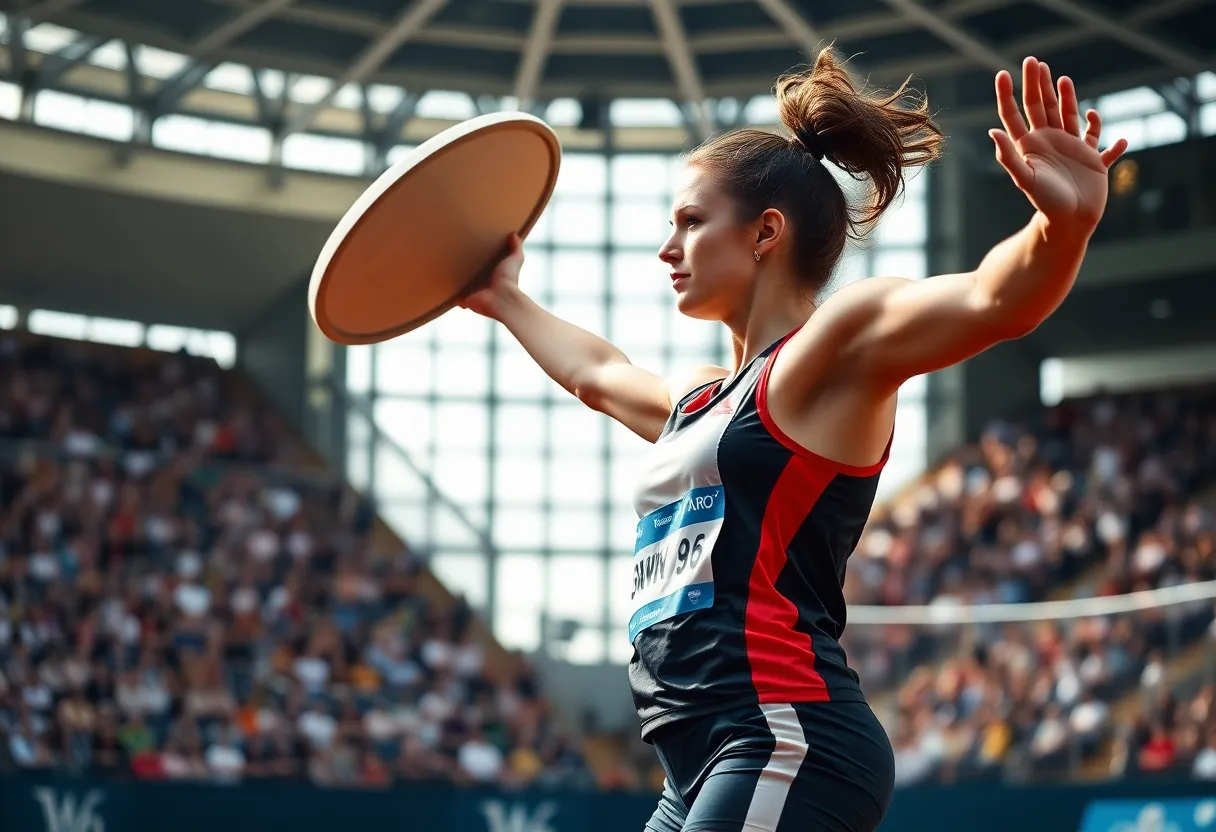 Female athlete throwing discus at NCAA Championships