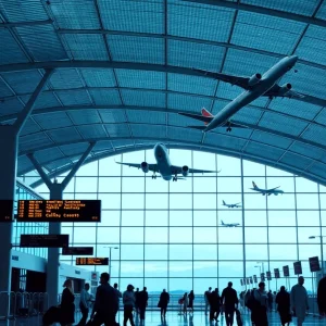 Busy airport in Las Vegas with planes and travelers