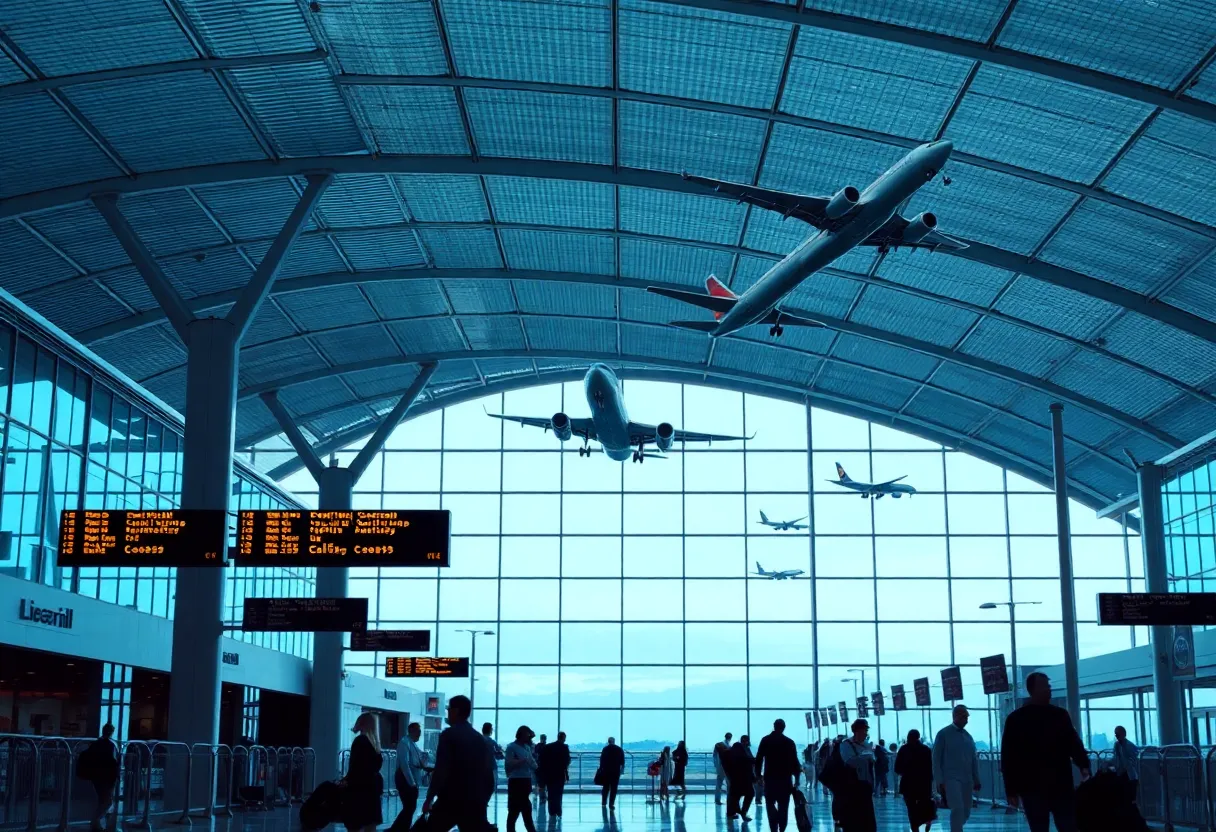 Busy airport in Las Vegas with planes and travelers