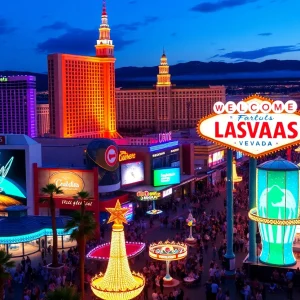A panoramic view of new attractions in Las Vegas with colorful lights and happy visitors.