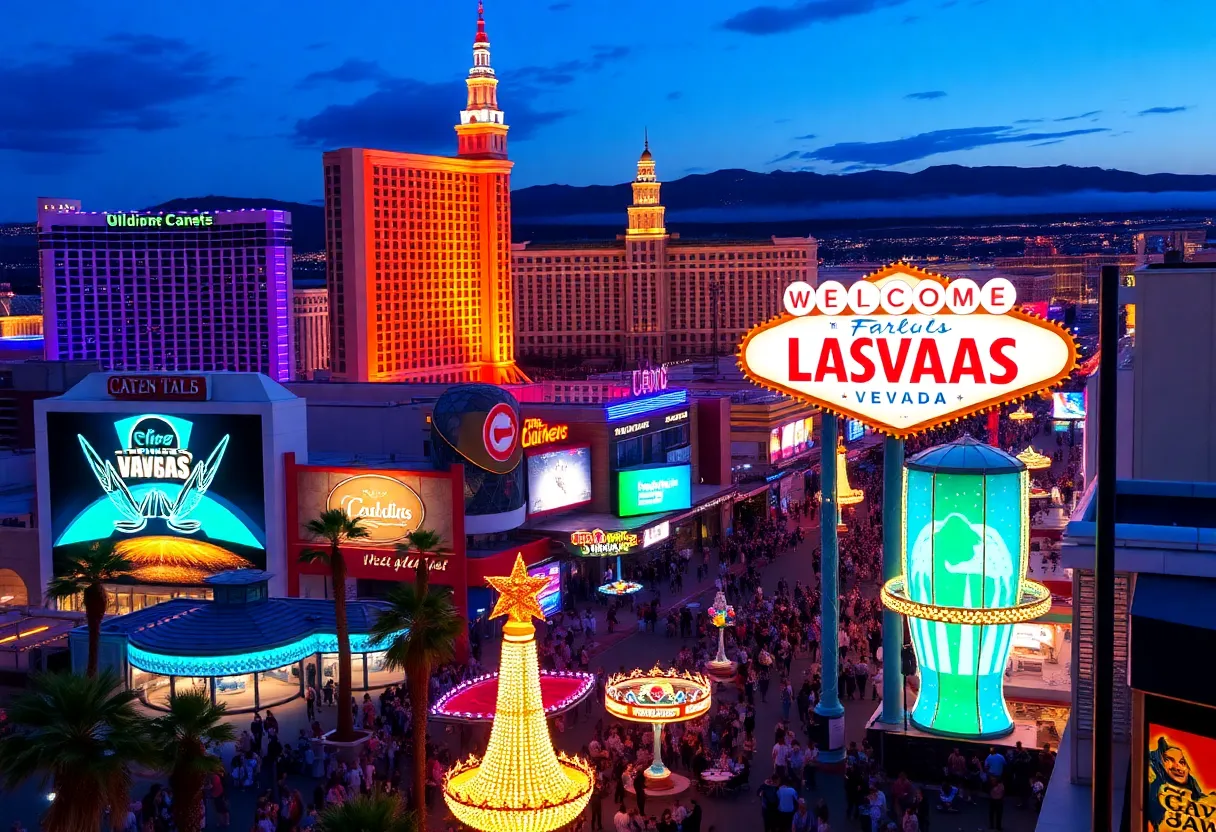A panoramic view of new attractions in Las Vegas with colorful lights and happy visitors.