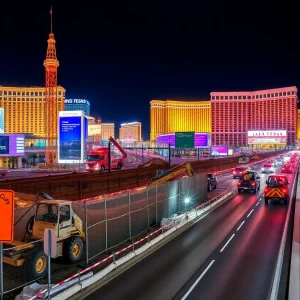 Construction site on Las Vegas Boulevard with equipment and workers