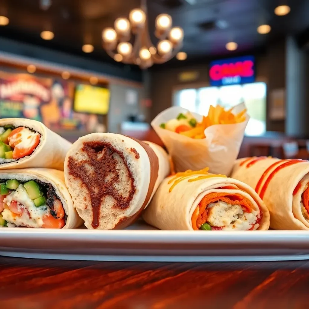 An assortment of unique burritos showcased at a Las Vegas restaurant.