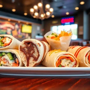 An assortment of unique burritos showcased at a Las Vegas restaurant.