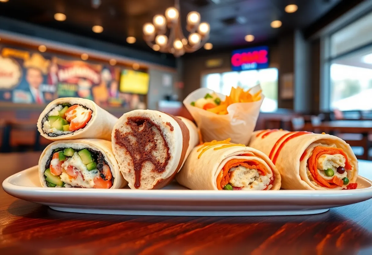 An assortment of unique burritos showcased at a Las Vegas restaurant.