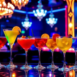 Vibrant cocktails on display in a Las Vegas bar