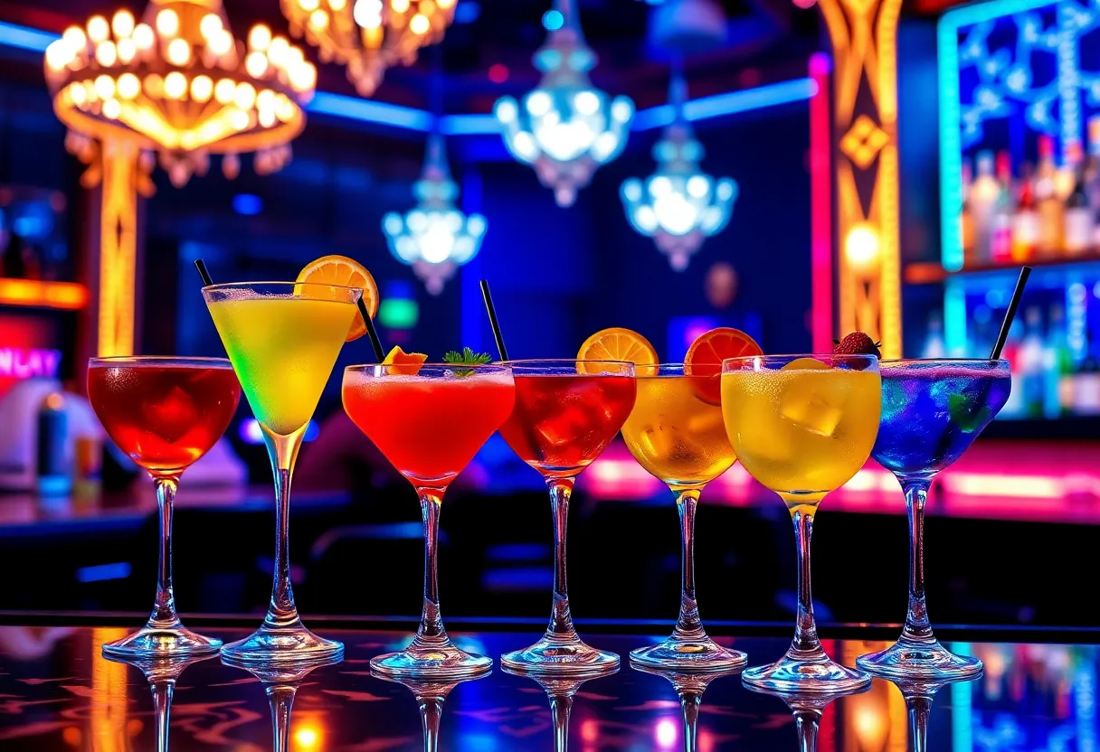 Vibrant cocktails on display in a Las Vegas bar