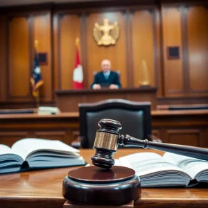 Courtroom setting with judge and legal documents
