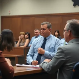Courtroom scene representing a cyberstalking case.