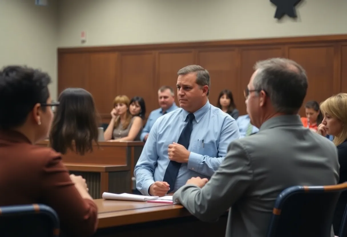 Courtroom scene representing a cyberstalking case.