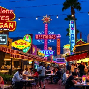 People dining in Las Vegas with restaurant signs in the background