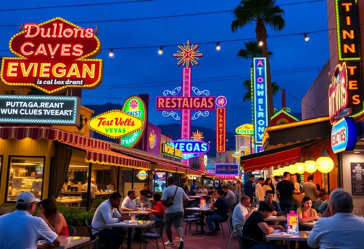 People dining in Las Vegas with restaurant signs in the background