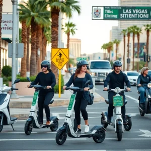 Electric scooters and e-bikes on a Las Vegas street with safety signs