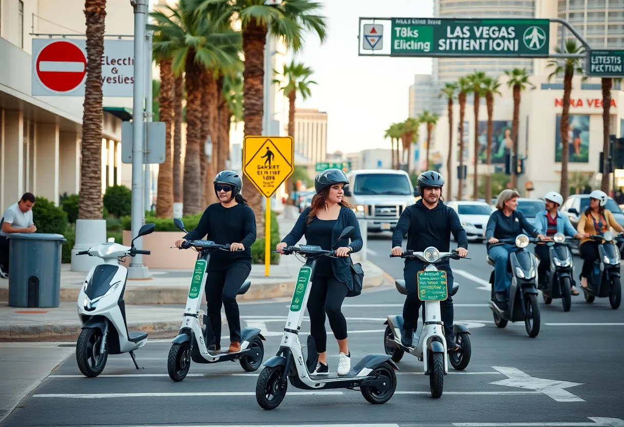 Electric scooters and e-bikes on a Las Vegas street with safety signs