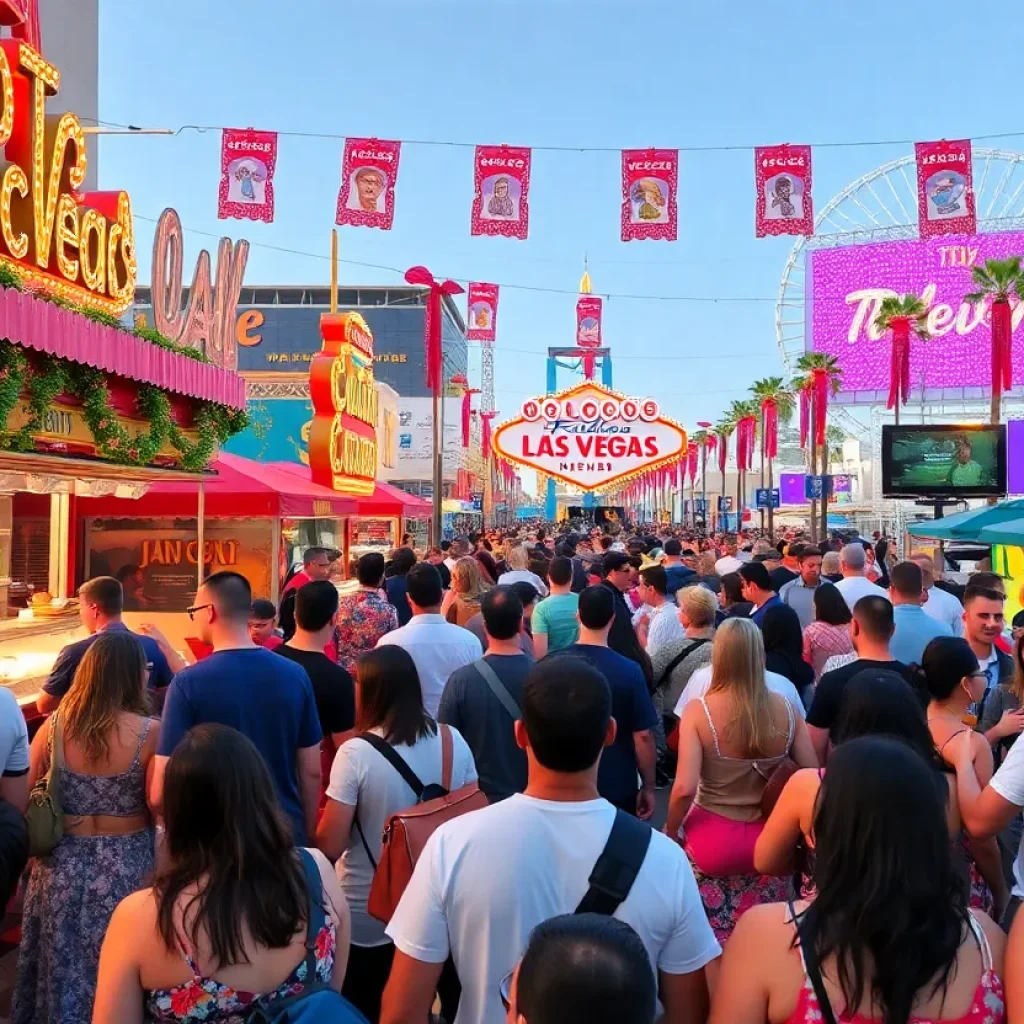 Crowd enjoying Las Vegas events with performances and decorations.