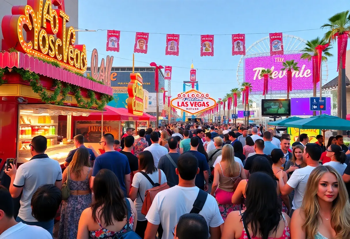 Crowd enjoying Las Vegas events with performances and decorations.