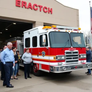 Community members pushing a new fire engine into Fire Station 1 in Las Vegas.