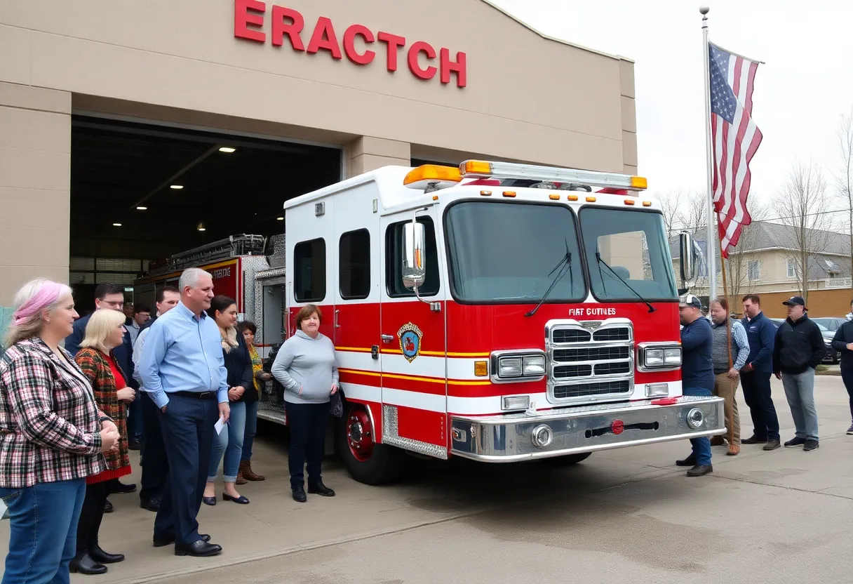 Community members pushing a new fire engine into Fire Station 1 in Las Vegas.
