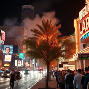 A tree burning in Las Vegas due to fireworks, emergency response visible.