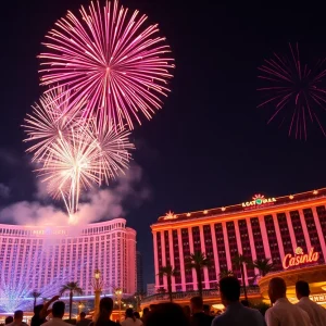 Colorful fireworks display over the Plaza Hotel & Casino in Las Vegas