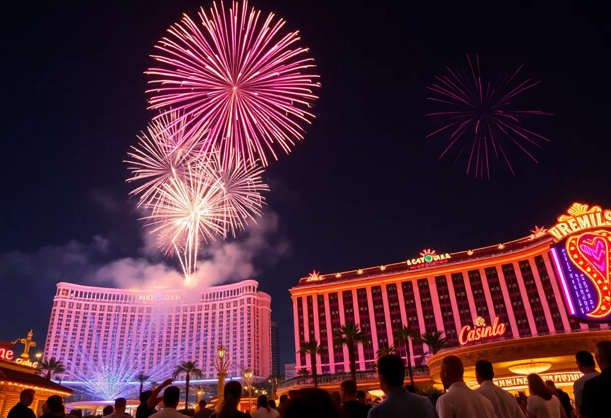 Colorful fireworks display over the Plaza Hotel & Casino in Las Vegas