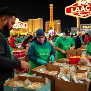 Volunteers packing meals at a Las Vegas food distribution event