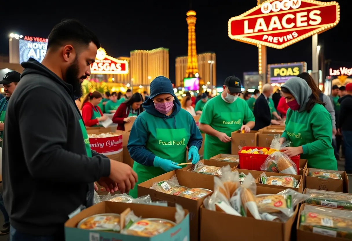 Volunteers packing meals at a Las Vegas food distribution event