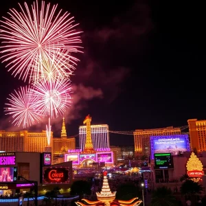 Fireworks over Las Vegas skyline on Independence Day