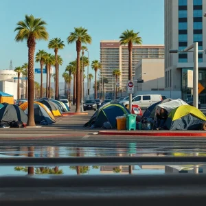 Encampments on the streets of Las Vegas amid ongoing cleanup efforts.