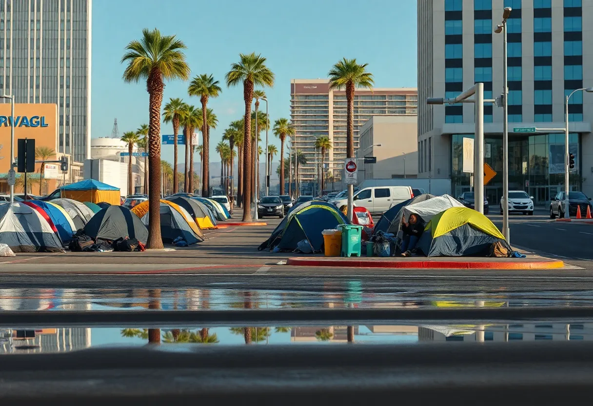 Encampments on the streets of Las Vegas amid ongoing cleanup efforts.
