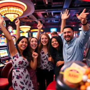 A group of players celebrating their jackpot wins at a Las Vegas casino.