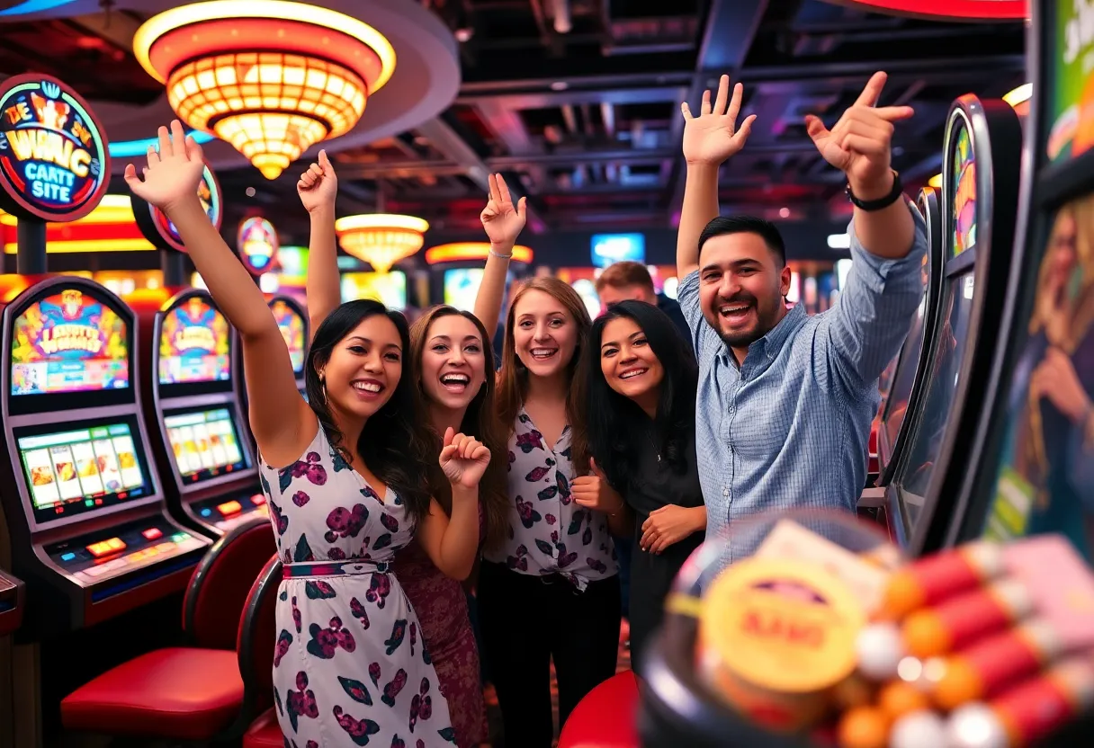 A group of players celebrating their jackpot wins at a Las Vegas casino.
