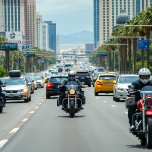 Motorcycles on a busy Las Vegas road with emphasis on safety.
